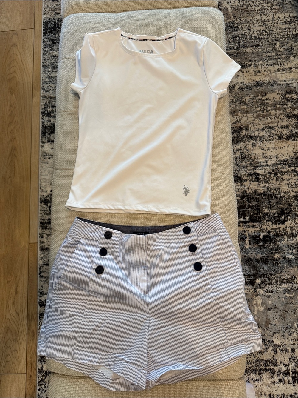 U.S. Polo Assn. White Tee with Blue-Striped Sailor Shorts